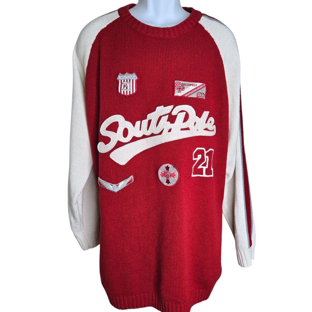 Southpole Mens Vintage Sweater‎ XXL Cable Knit Varsity Style Patches Red White